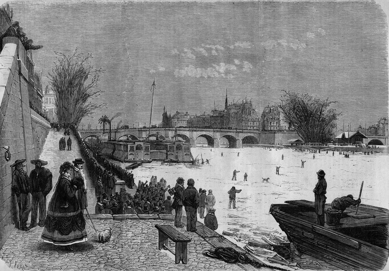 Paris, inverno de 1868 : o Sena congela. Vista do rio na Pont Neuf. Gravura em "Le Monde Illustre" n°561 de 11 de janeiro de 1868. de French School