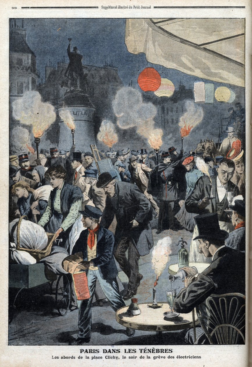 Paris na escuridão - Os arredores do lugar Clichy, a noite da greve dos eletricistas - "Le petit Journal", março de 1907 (gravura) de French School