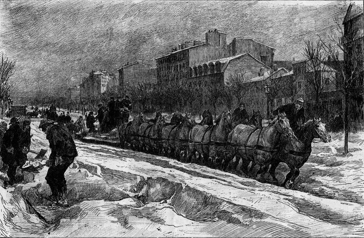 Paris sob a neve, inverno 1879-1880: o arado de gelo (caça à neve) do Boulevard Montparnasse. Gravura no "Le Monde Illustré" n°1188 de 3 de janeiro de French School