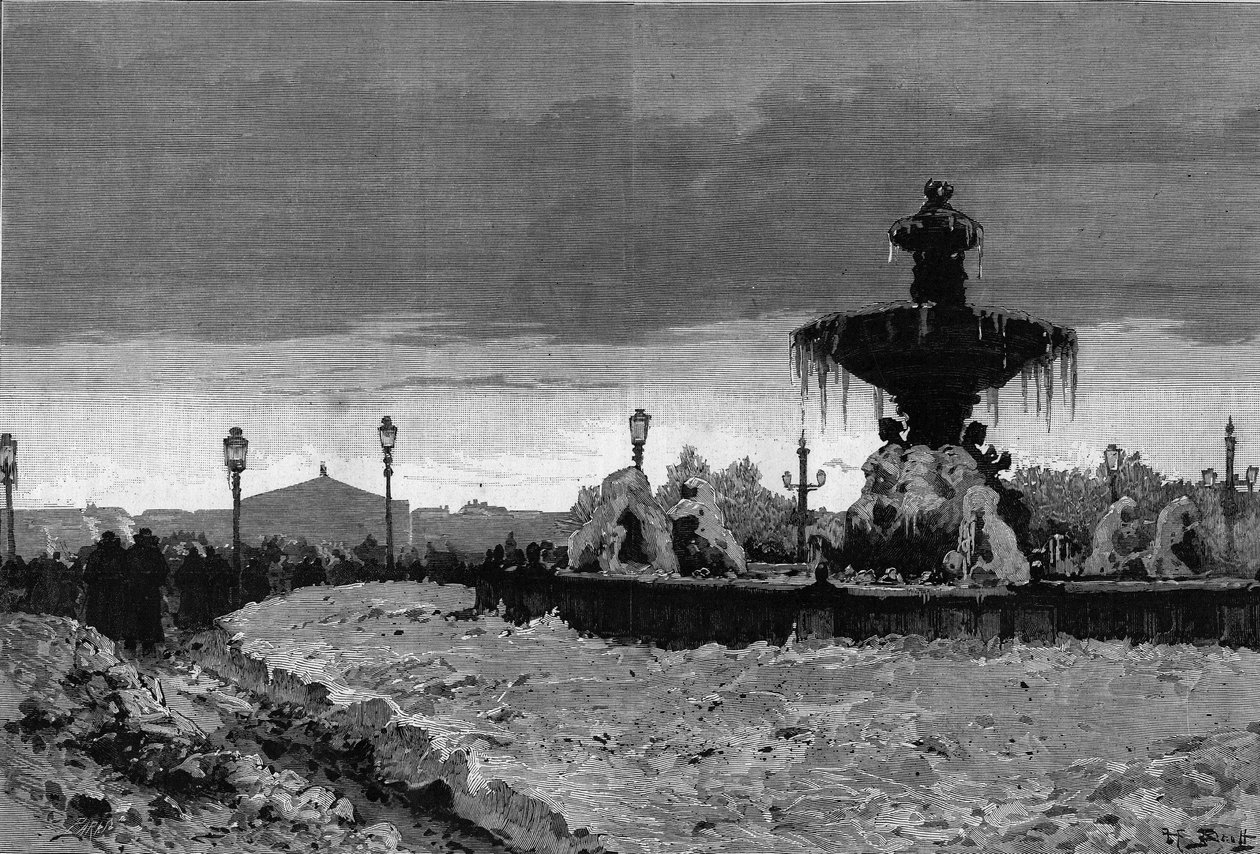 Paris sob a neve, inverno 1879-1880: vista de uma das fontes da Place de la Concorde durante a geada. Gravura de Scott em "The Illustrous World" n°1188 de 3 de janeiro de French School
