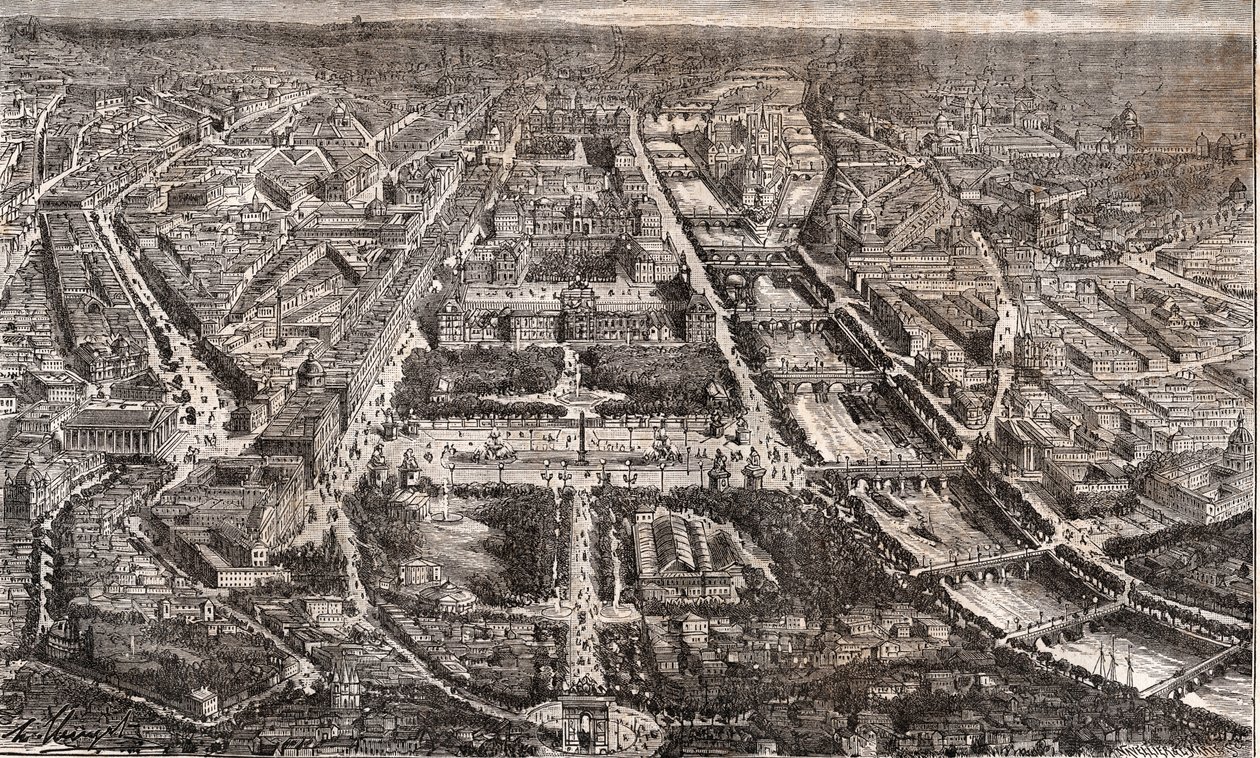 Paris vista do Arco do Triunfo da Etoile - Rue de Rivoli e do Sena - gravada em "La France illustree: geography, history, statistical administration" de V.A. Malt-Brown. 1884 de French School