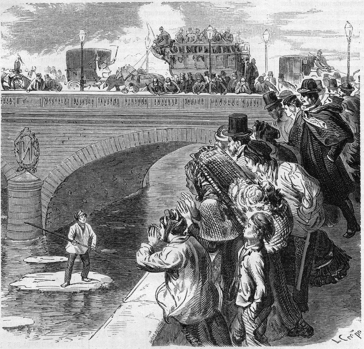 Paris, inverno 1870: uma criança sobe num glacon em direcção ao Sena, da ponte Bercy ao viaduto Passy. Gravura no "Le Monde Illustré" n°672 de 26 de Fevereiro de 1870. de French School