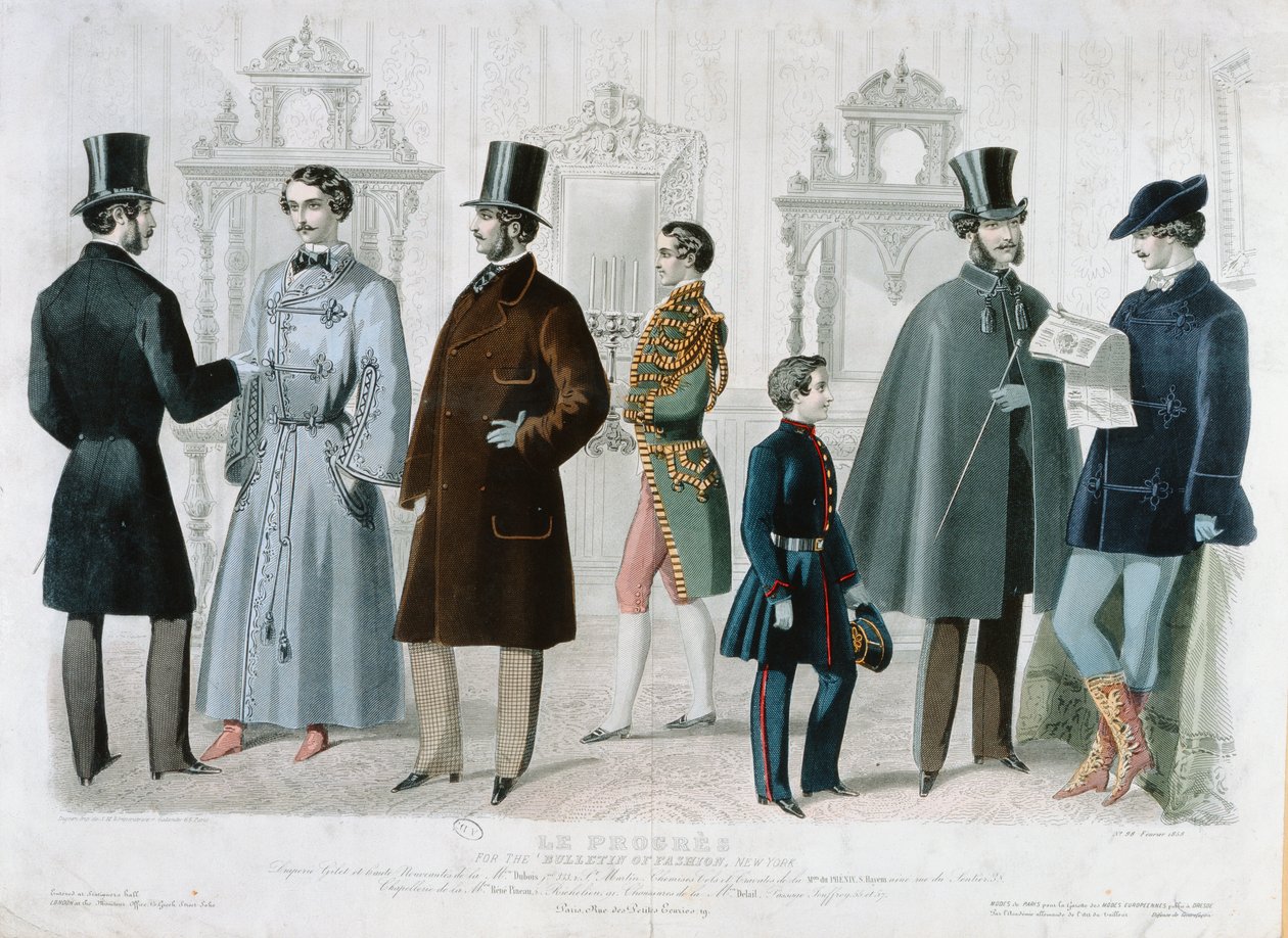 Placa de moda parisiense para o Boletim de moda, Nova York, fevereiro de 1858 (gravura a cores) de French School