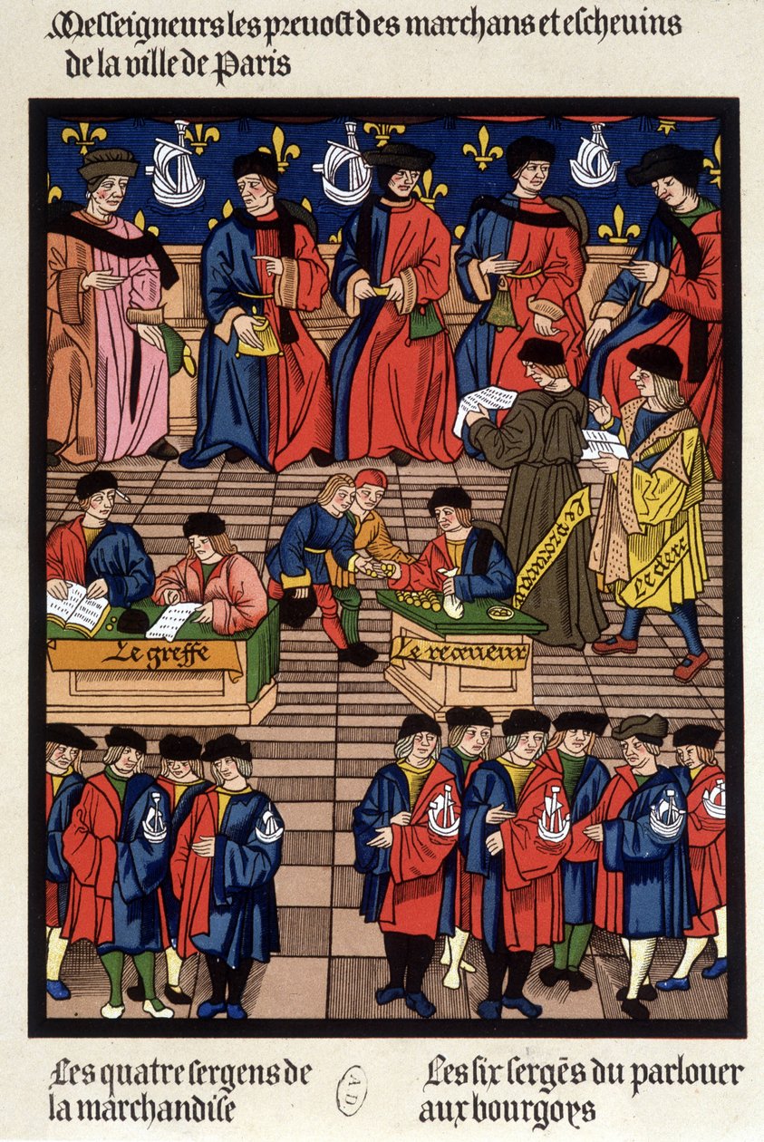 O tráfego comercial parisiense: os prevotos dos comerciantes e echevins, o transplante, o receptor, o procurador, o balconista, os sargentos da mercadoria... - o fac-símile de uma miniatura da Idade Média de French School