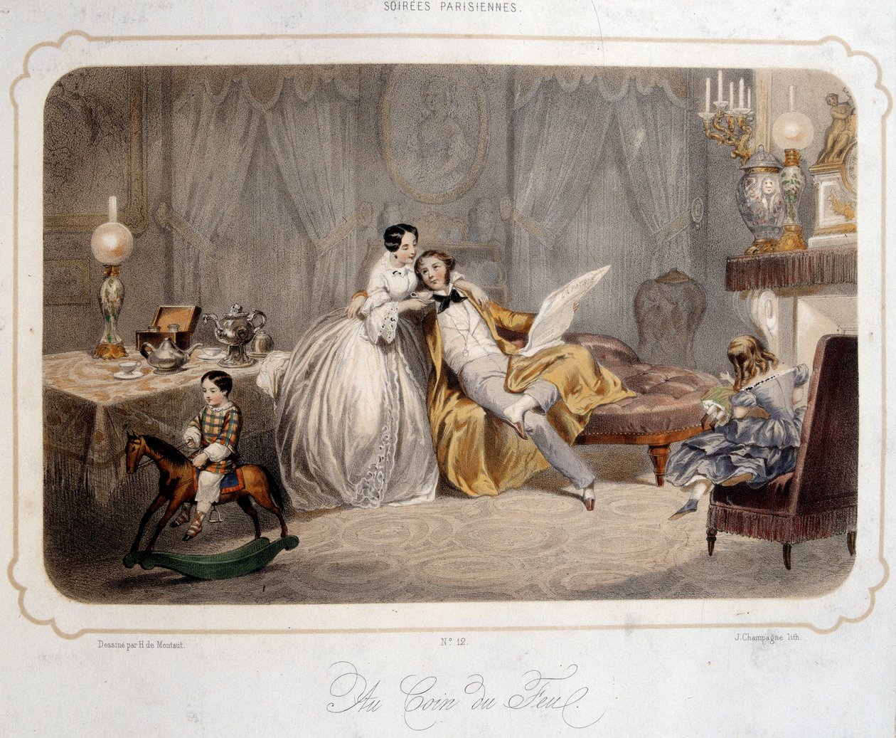 Serões parisienses: "junto à lareira" Um casal burguês e crianças num cavalo de madeira num interior. Litografia de Paris do século XIX. Artes decorativas de French School