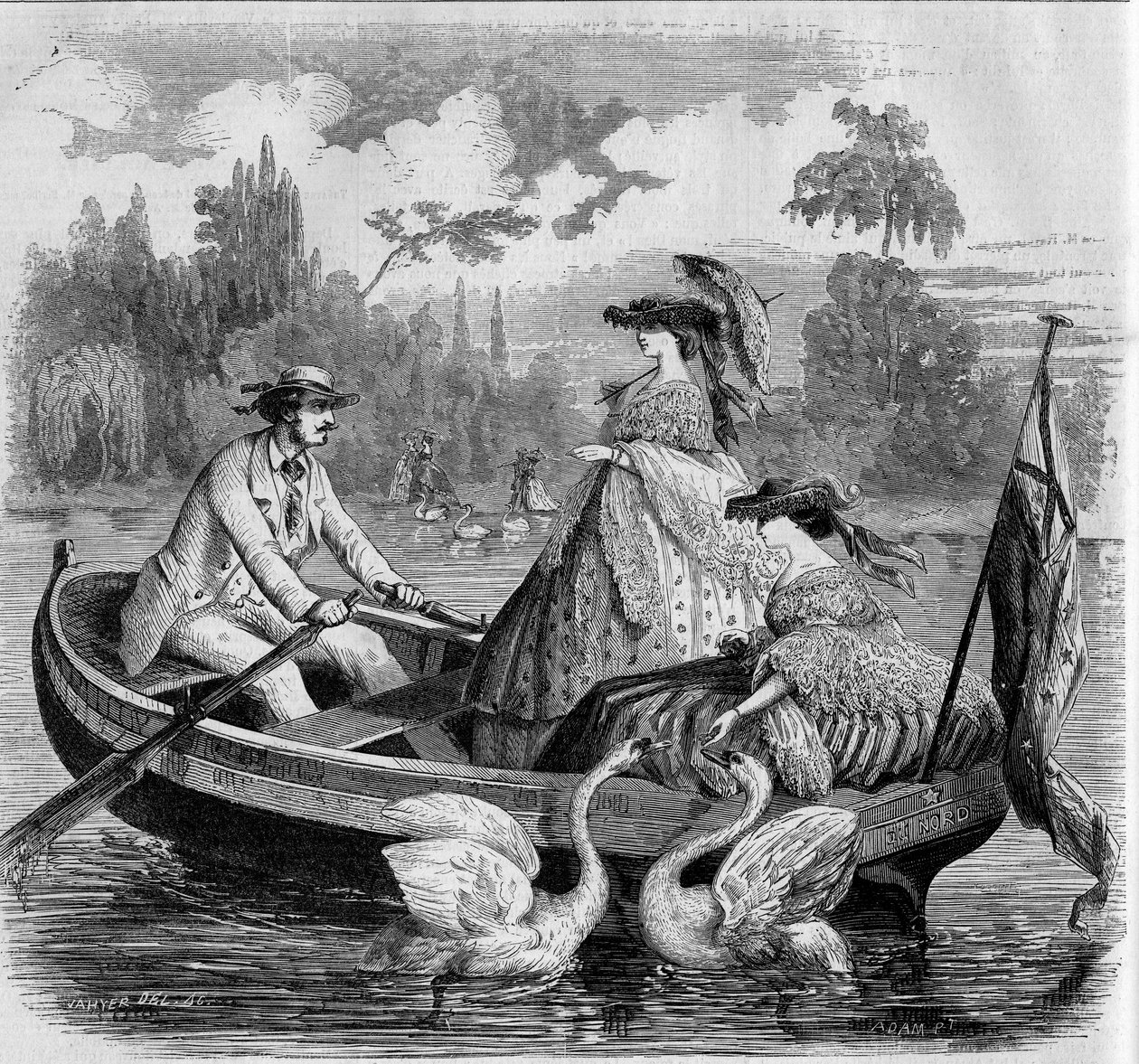Modos parisienses, verão de 1857: passeio de barco em um lago. Gravura no "Le Monde Illustré" n°24 de 26 de Setembro de 1857. de French School