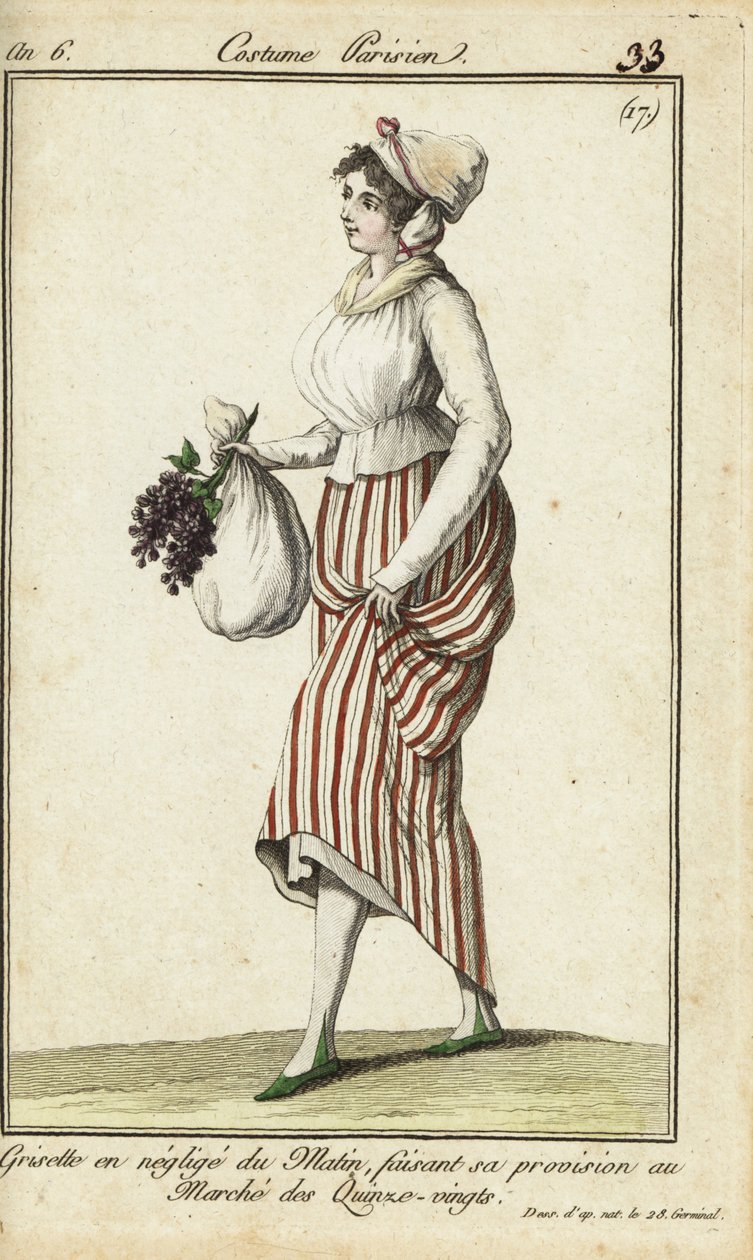 Loja-menina parisiense em vestido casual de manhã, 26 de Março de 1798 (gravura em chapa de cobre colorida à mão) de French School