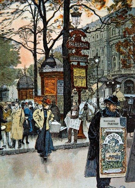 Cena parisiense de rua perto da estação de metro do Palais-Royal, c.1900 (cor litho) de French School