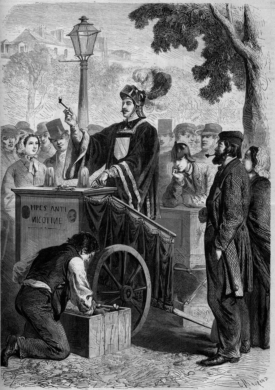 Tipos parisienses: Claude Cotte, conhecido como o "Anti Mangin", um negociante de tubos anti-nicotina. Gravura em "Le Monde Illustré" n°277 de 2 de Agosto de French School