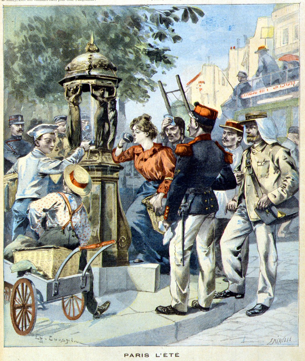 Parisienses bebendo ao redor de uma fonte Wallace - no "Le Petit Journal" de 19/08/1900 (gravura) de French School