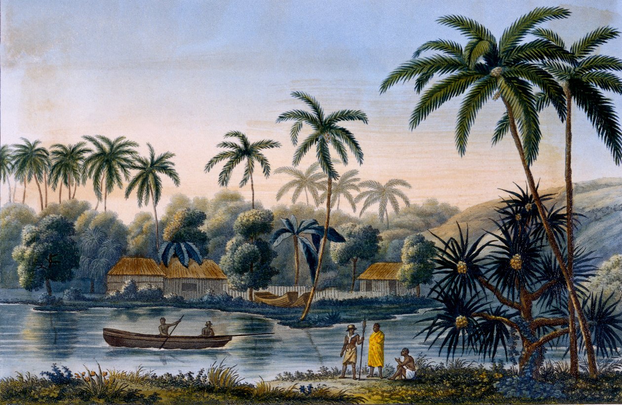 Parte da aldeia de Matavae, coqueiros e outras frutas, Tahiti, de todo o mundo em Corvette Coquille pelo tenente Louis Isodore Duperrey, publicado em 1826 de French School