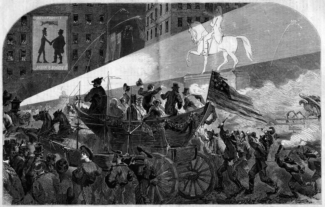 Festa nas ruas de Nova Iorque (Nova Iorque) para celebrar a instalação do cabo telegráfico transatlântico entre os Estados Unidos (Estados Unidos) e a Inglaterra, em 1858. Gravação no "Le Monde Illustré" n°79 de 16 de Outubro de 1858. de French School