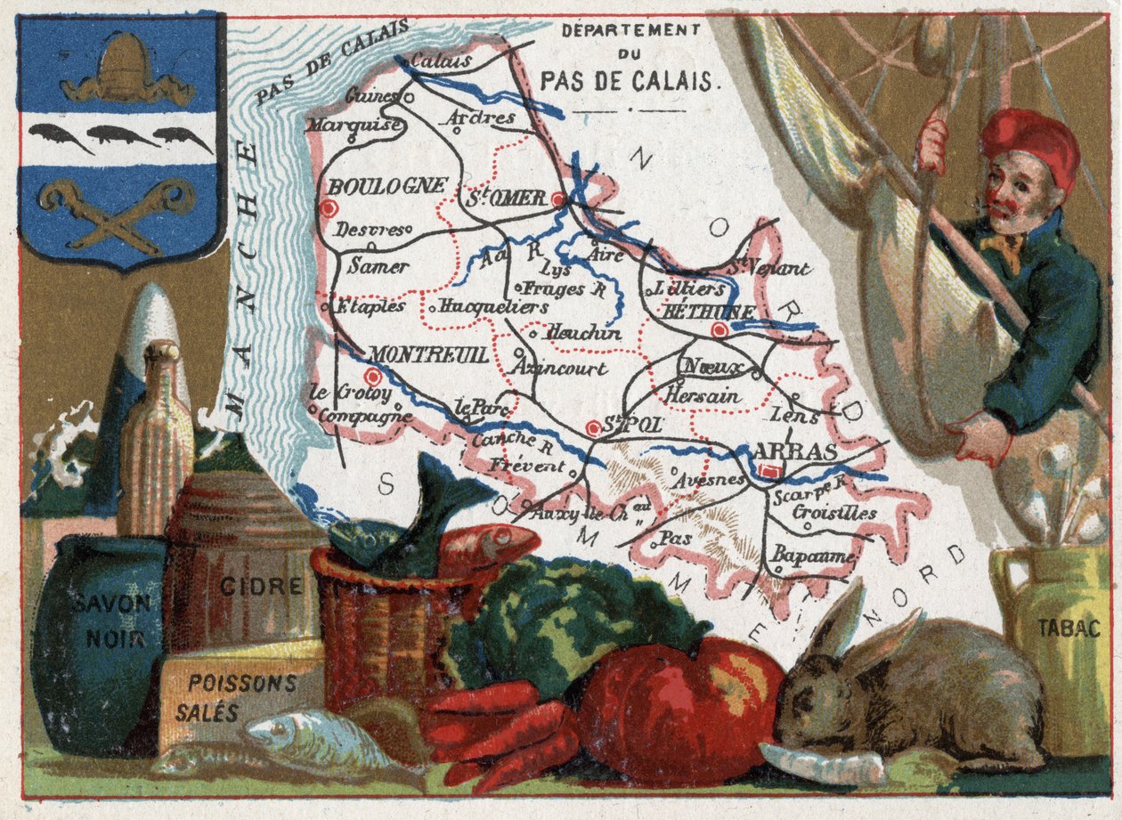 Pas de Calais (62), Nord Pas de Calais (Nord-Pas-De-Calais), França. Especialidades locais: sabão preto, peixe sujo, cidra e tabaco. Série sobre os Departamentos franceses. Chromolitografia (Chromo) "o fio geográfico", cerca de 1920. Colecção privada. de French School