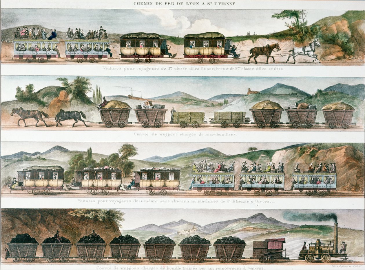 Passageiros e carga na primeira linha francesa aberta entre Lyon e St. Etienne, 1829 (cor lito) de French School
