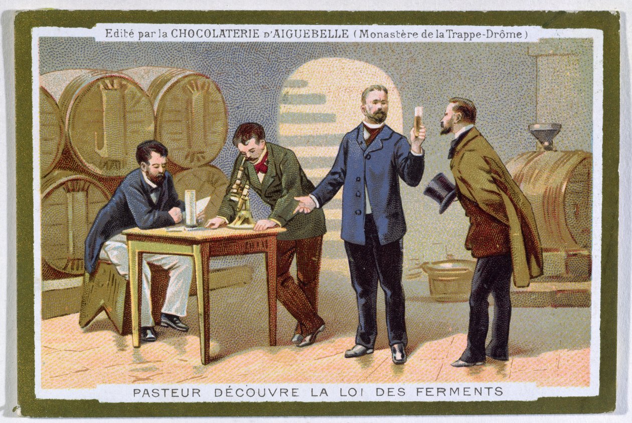 Pasteur descobrindo a fermentação, cartão de publicidade para a Chocolaterie dAiguebelle de French School