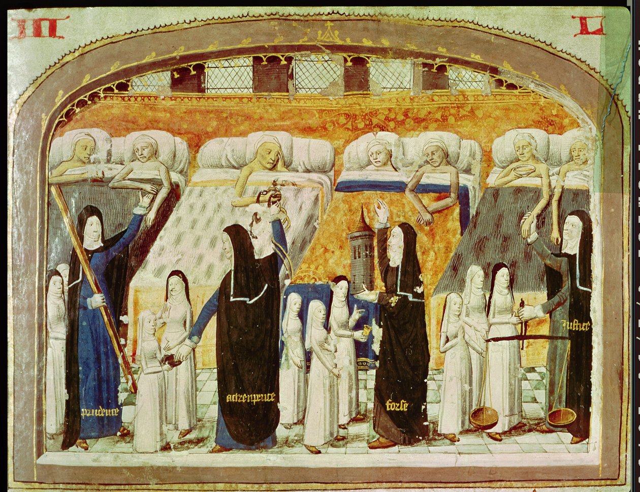 Pacientes e freiras no Hospital de Deus em Paris, do Livro da Vida Ativa do Hotel Dieu, de Jean Henry, c.1482 de French School