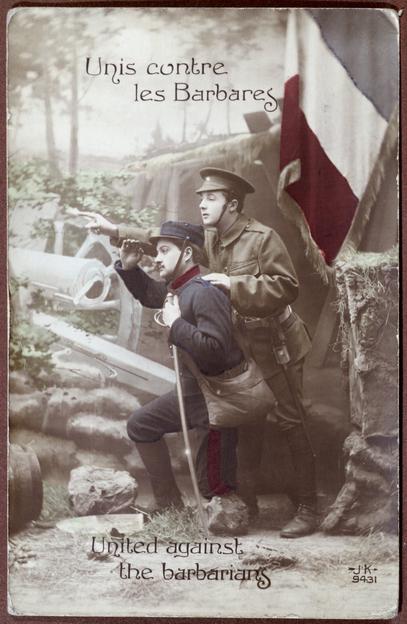 Postal patriótico da 1ª Guerra Mundial, representando um soldado francês e inglês juntos, c.1915 de French School
