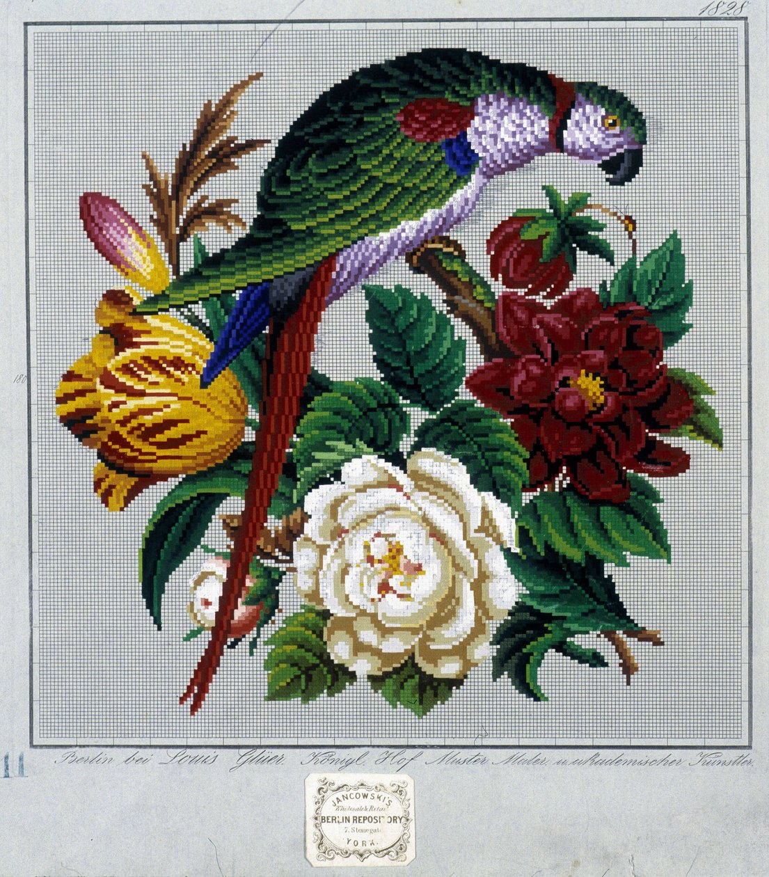 Molde para bordar em ponto cruz (papagaio) - em "Journal des Demoiselles" 1852. de French School