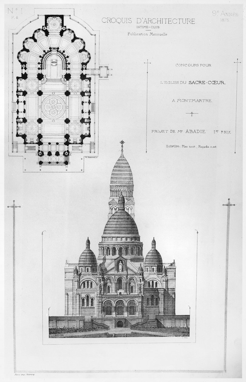 Paul Abadies ganha design no Concurso para o Design do Sacré-Coeur em Montmartre, da arquitectura Croquis, 1875 de French School
