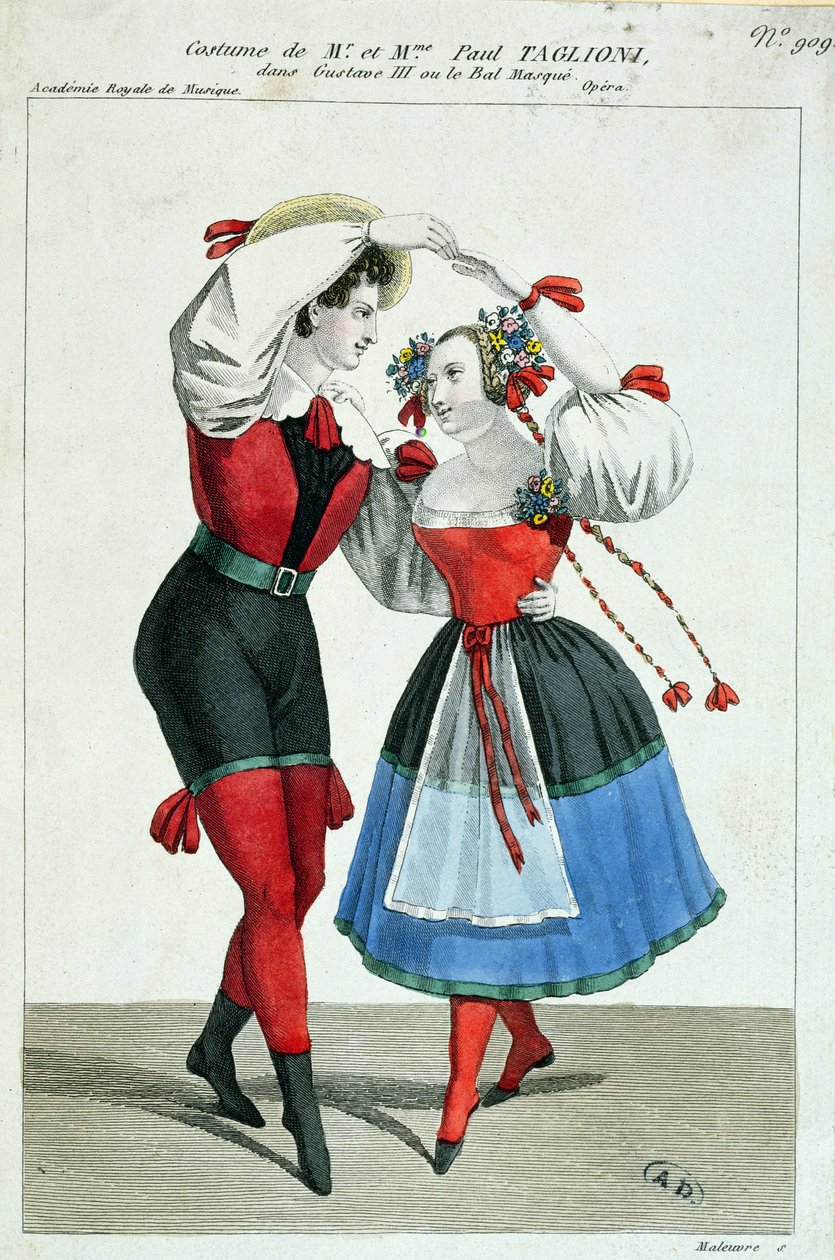Paul Taglioni (1808-84) e sua esposa Anna Galster dançando em Gustave III, c.1830 de French School