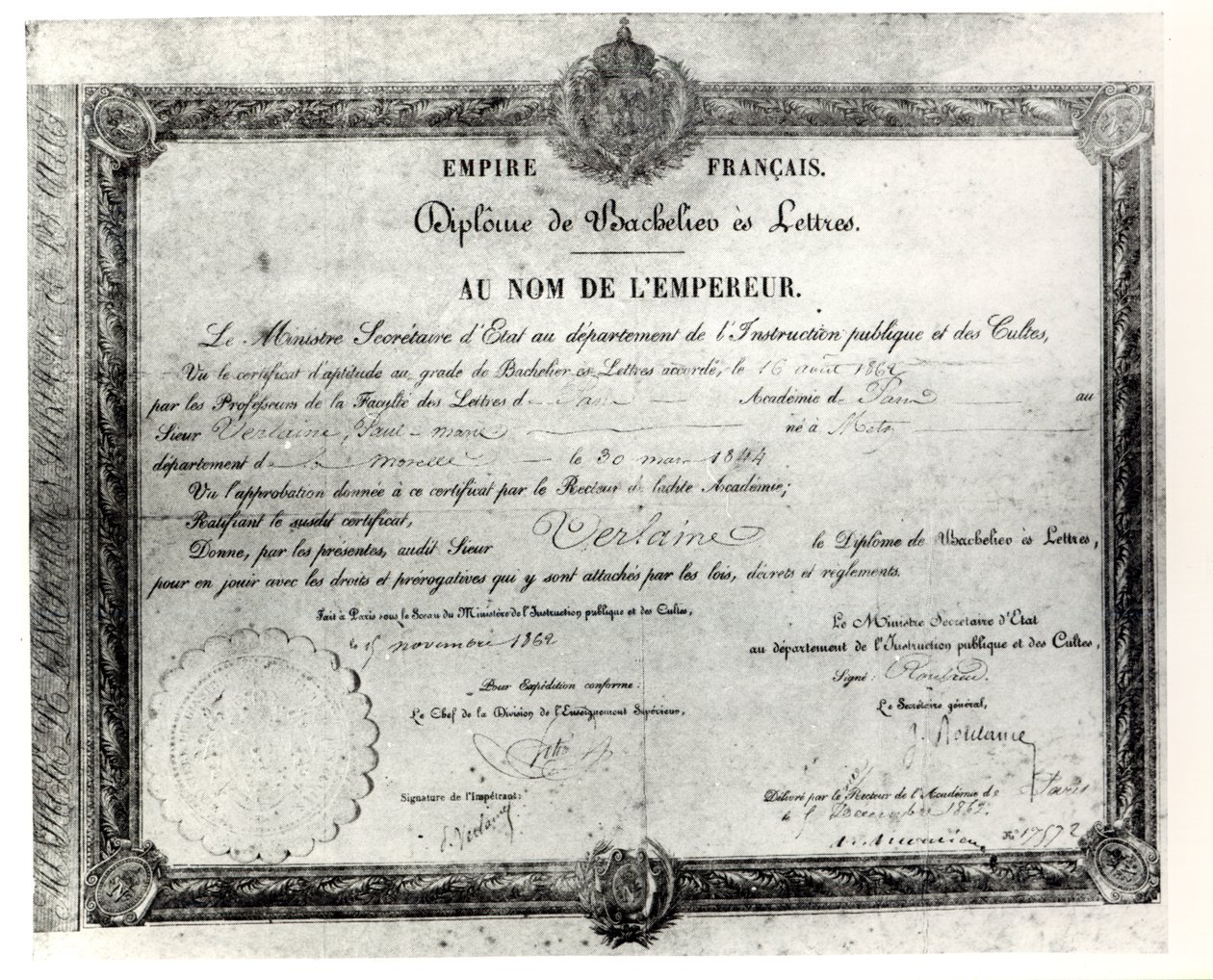 Paul Verlaines Baccalaureat, 1862 (caneta e tinta no papel) de French School