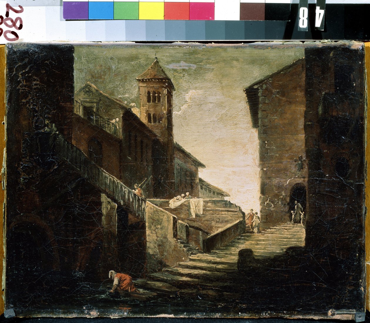 ""Paisagem em uma vila francesa"" A ponte e o rio em um bairro popular. Pintura da escola francesa. Museu de Arte Mikhail Kroshitsky do início do século XVIII, Sevastopol (Sevastopol) Ucrânia de French School