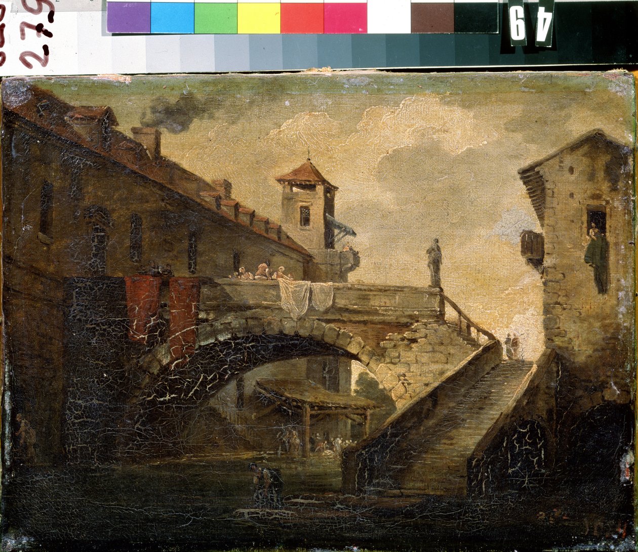 ""Paisagem em uma vila francesa"" A ponte e o rio em um bairro popular. Pintura da escola francesa. Museu de Arte Mikhail Kroshitsky do início do século XVIII, Sevastopol (Sevastopol) Ucrânia de French School