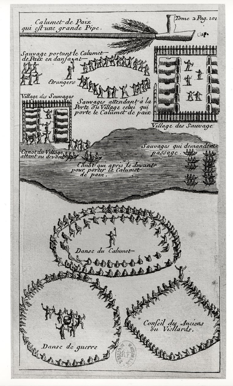 Dança do cachimbo da paz dos iroqueses, de &39;Diálogos curiosos entre o autor e um selvagem selvagem Enviar&39; ao barão Louis-Armand de la Hontan (1666-1715) 1704 de French School