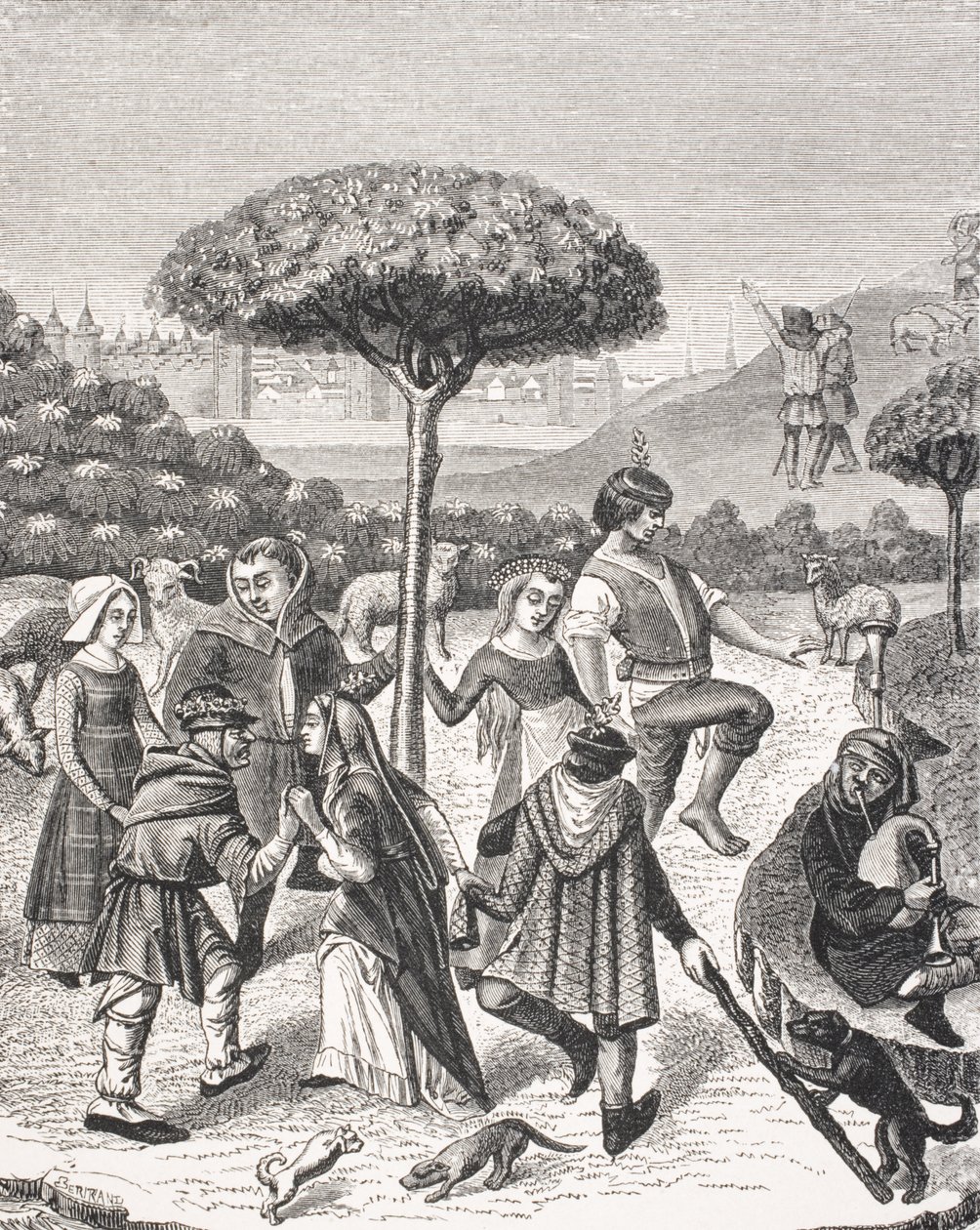 Danças camponesas das festas de maio, depois de uma miniatura em um livro de orações do século 15, de "Le Moyen Age et La Renaissance", de Paul Lacroix (1806-84), publicado em 1847 de French School
