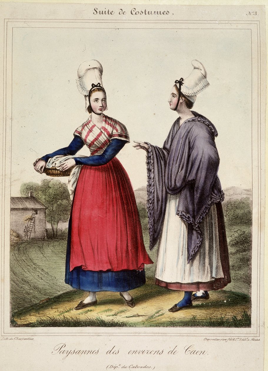 Mulheres camponesas nas proximidades de Caen - litografia de French School