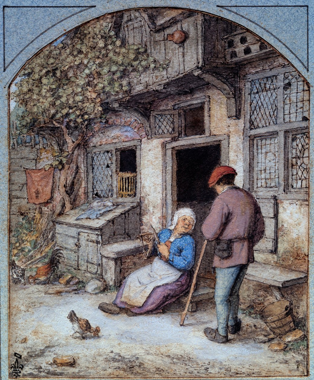 Camponeses em frente à sua casa Aquarela da Escola Francesa. Século XVI Chantilly, museu Conde de French School
