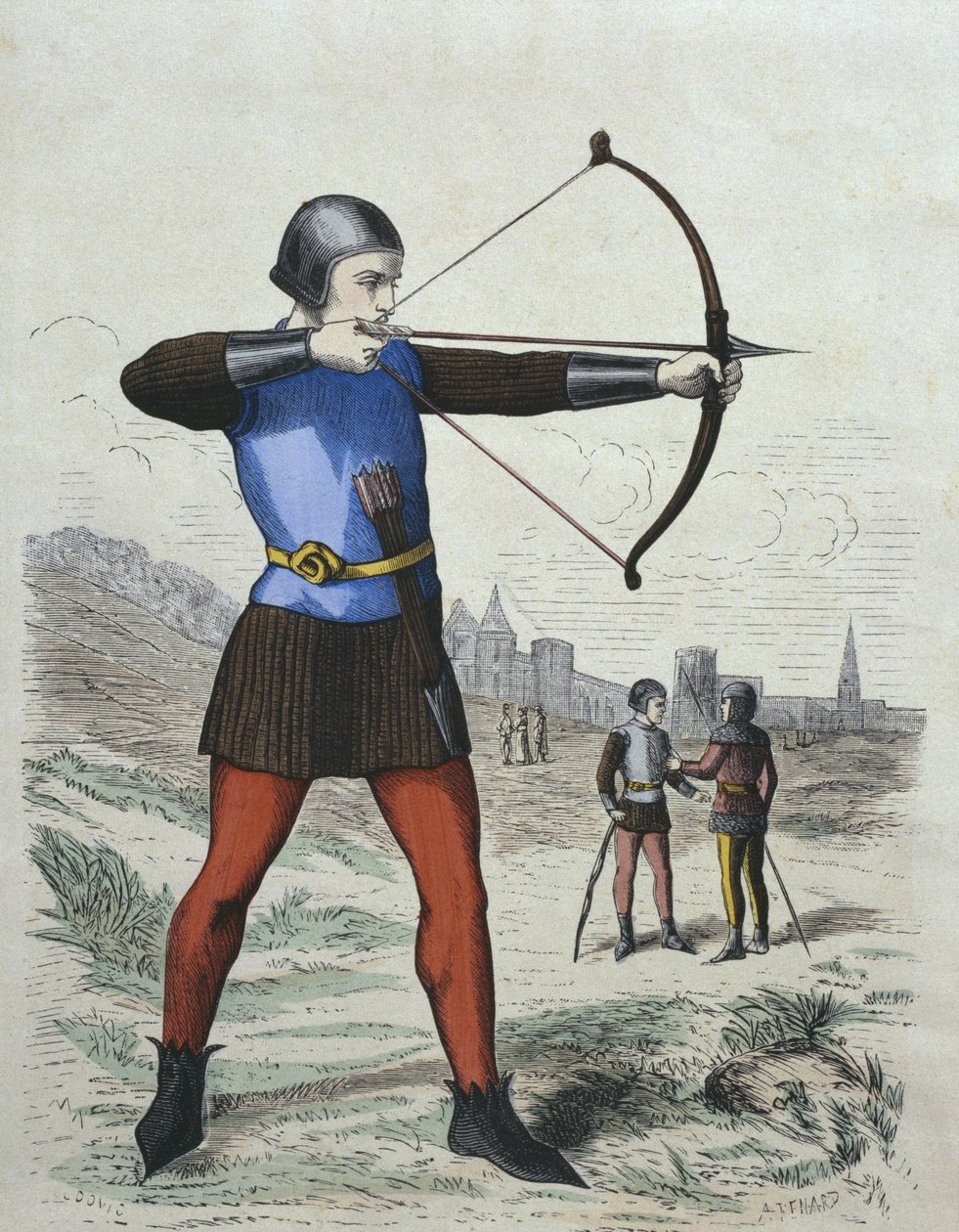 Arqueiro de pedestre no século XIII, ilustração de trajes de Paris a les les siècles de H. Gourdon de Genouillac, gravada por A. Renard (século XIX) (gravura a cores) de French School