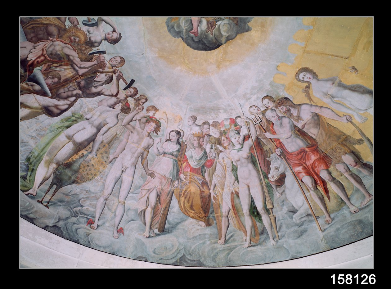 Pessoas da Corte dos Medici, com Charles IX como Janus no centro, à sua direita católicos forjando armas para a guerra, à sua esquerda Os protestantes, também Catherine de Medici como Juno e Diane de de French School
