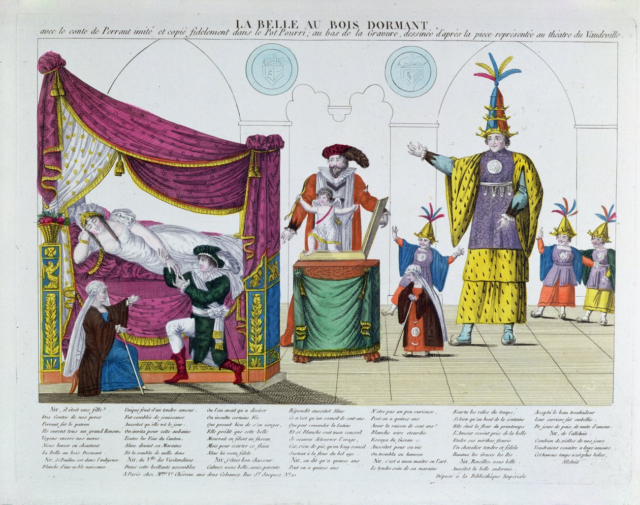 Performance da Bela Adormecida após o conto de fadas de Charles Perrault (1628-1703), no Teatro Vaudeville, Paris, c.1820 (gravura a cores) de French School
