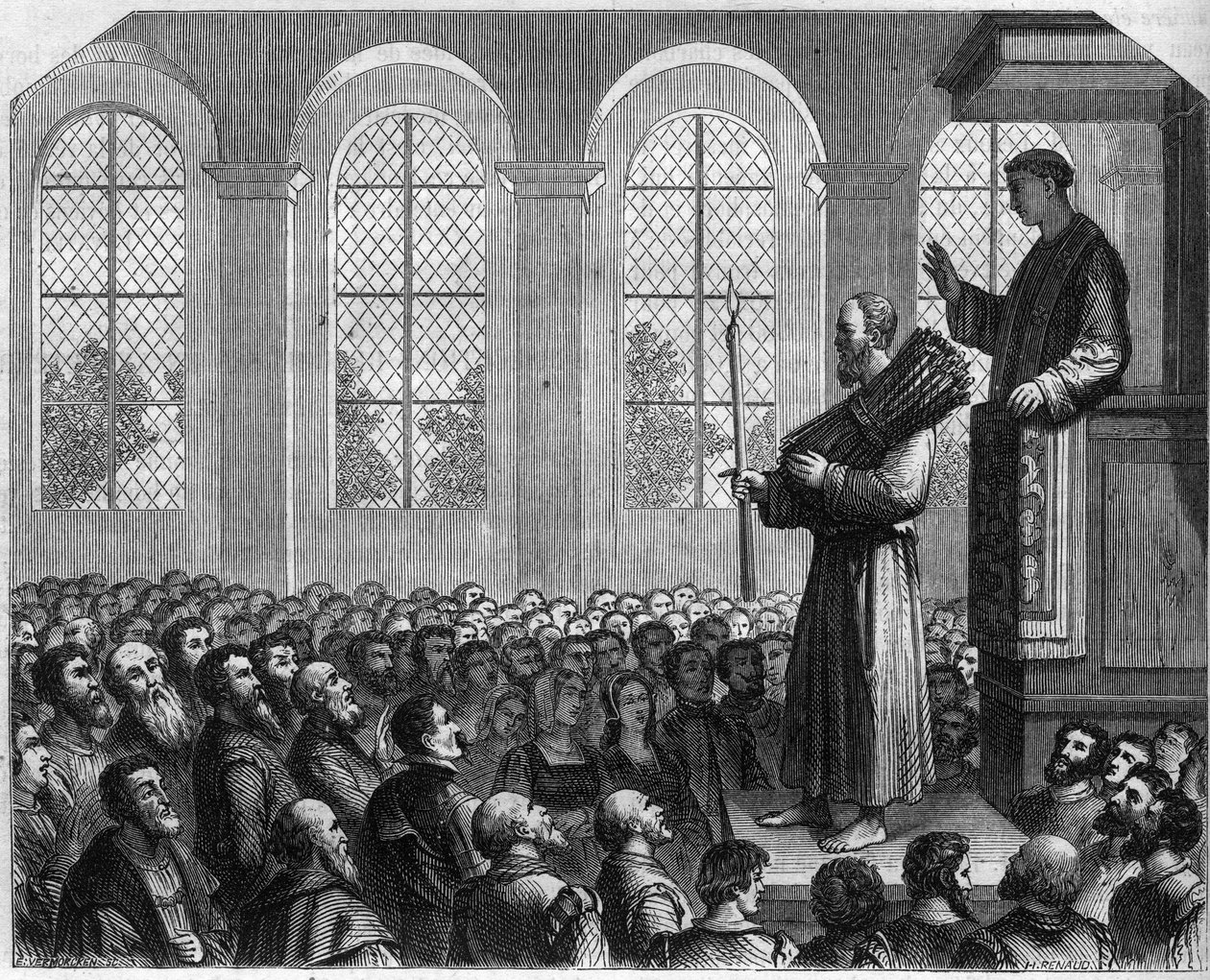 Perseguições aos protestantes na Inglaterra no século XVI: penitência pública de James Bainham (Baynham) em Saint Paul. Acusado de heresia, ele foi condenado a apresentar-se diante do púlpito, um maricas na cabeça, durante um sermão pronunciado contra ele. de French School
