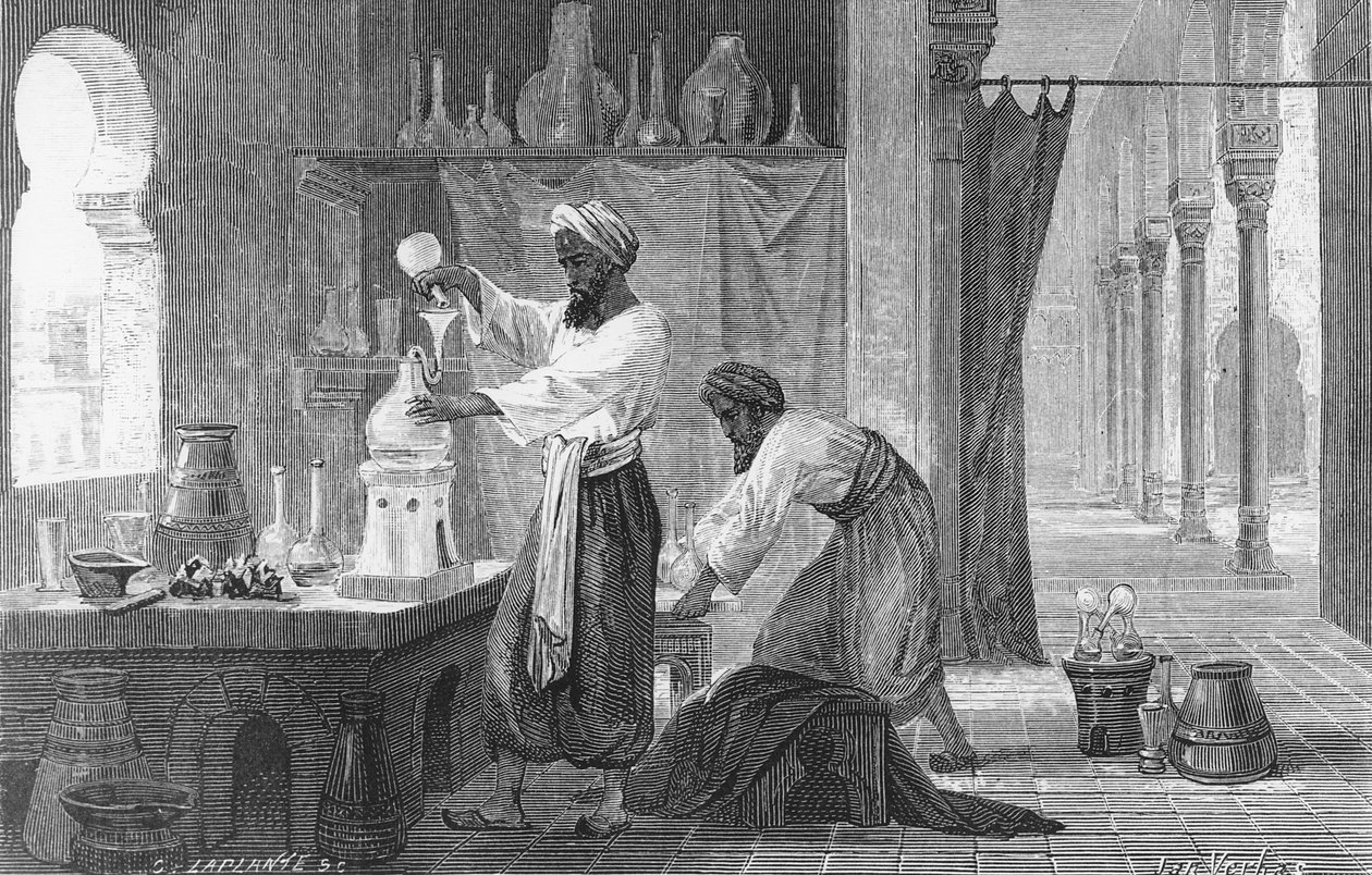 O alquimista persa Rhazes no seu laboratório (gravura) de French School