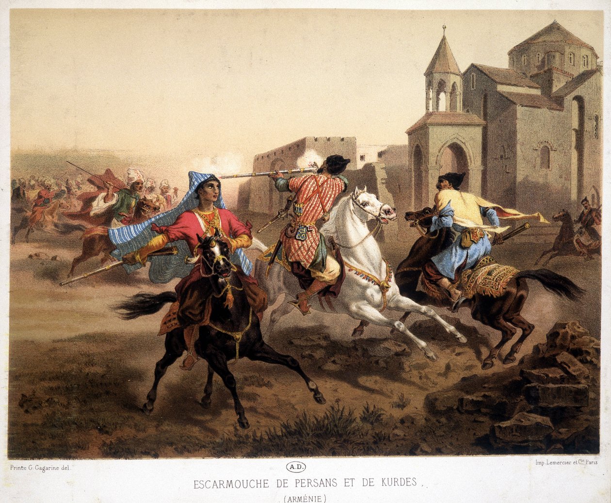 Skirmish persa e curda na Armênia - litografia de French School