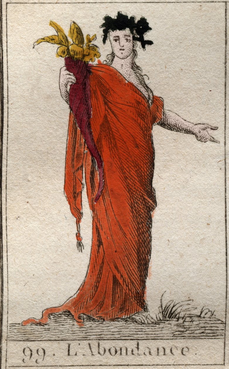 Personificação da Abundância, segurando um chifre de abundância. Personificação da abundância, segurando uma cornucópia. Da "Mitologia da Juventude", de Pierre Blanchard 1803. de French School