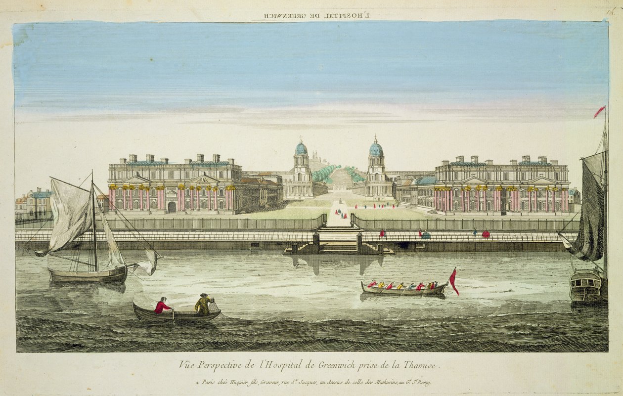 Vista em perspectiva do hospital de Greenwich, no Tamisa, gravado por Huquier (gravura de cor) de French School