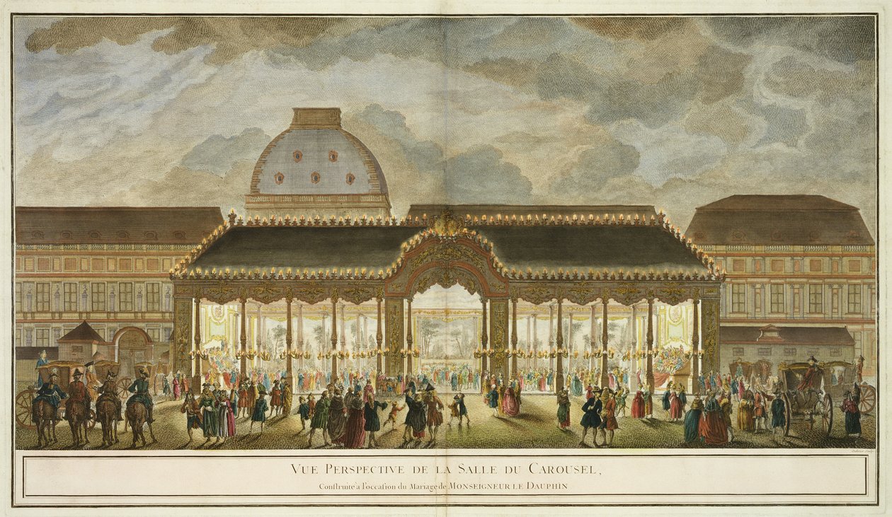 Vista em perspectiva da sala do carrossel, construída para a ocasião do casamento de Monsenhor Le Dauphin, gravado por Oubrier (gravura de cor) de French School