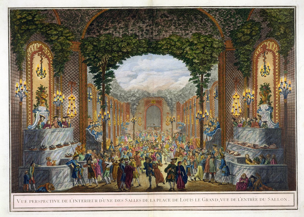 Perspectiva Vista do Interior de um dos quartos da Place de Louis le Grand, Vista da entrada do Salon (cor gravura) de French School