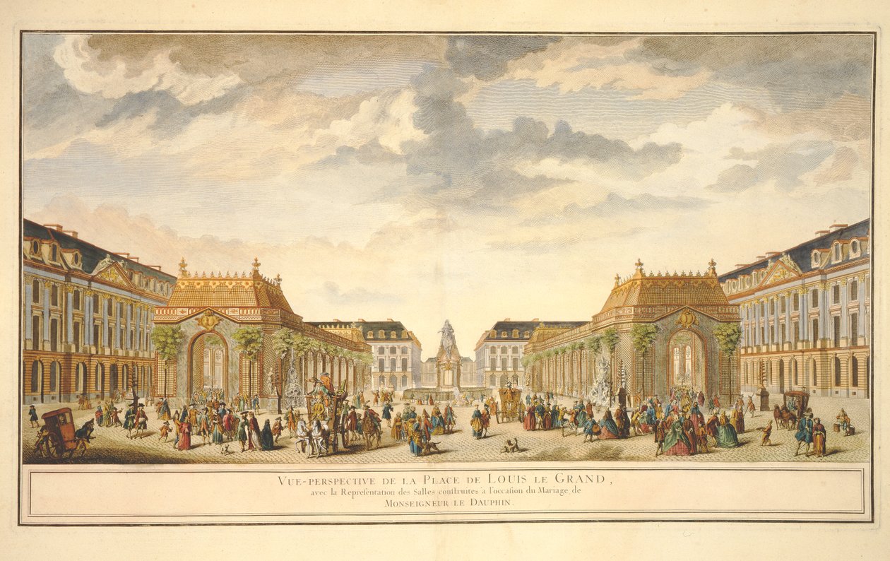 Vista em perspectiva da Place de Louis le Grand com os quartos construídos para a ocasião do casamento de Monseigneur le Dauphin (gravura a cores) de French School