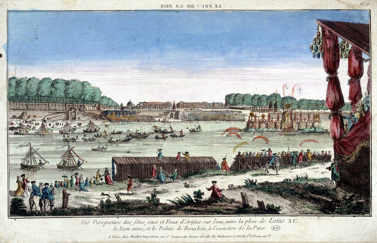 Perspectiva de festas, jogos e fogos de artifício sobre a água, entre a Praça Luís XV e o Palácio Bourbon, por ocasião da Paz de French School