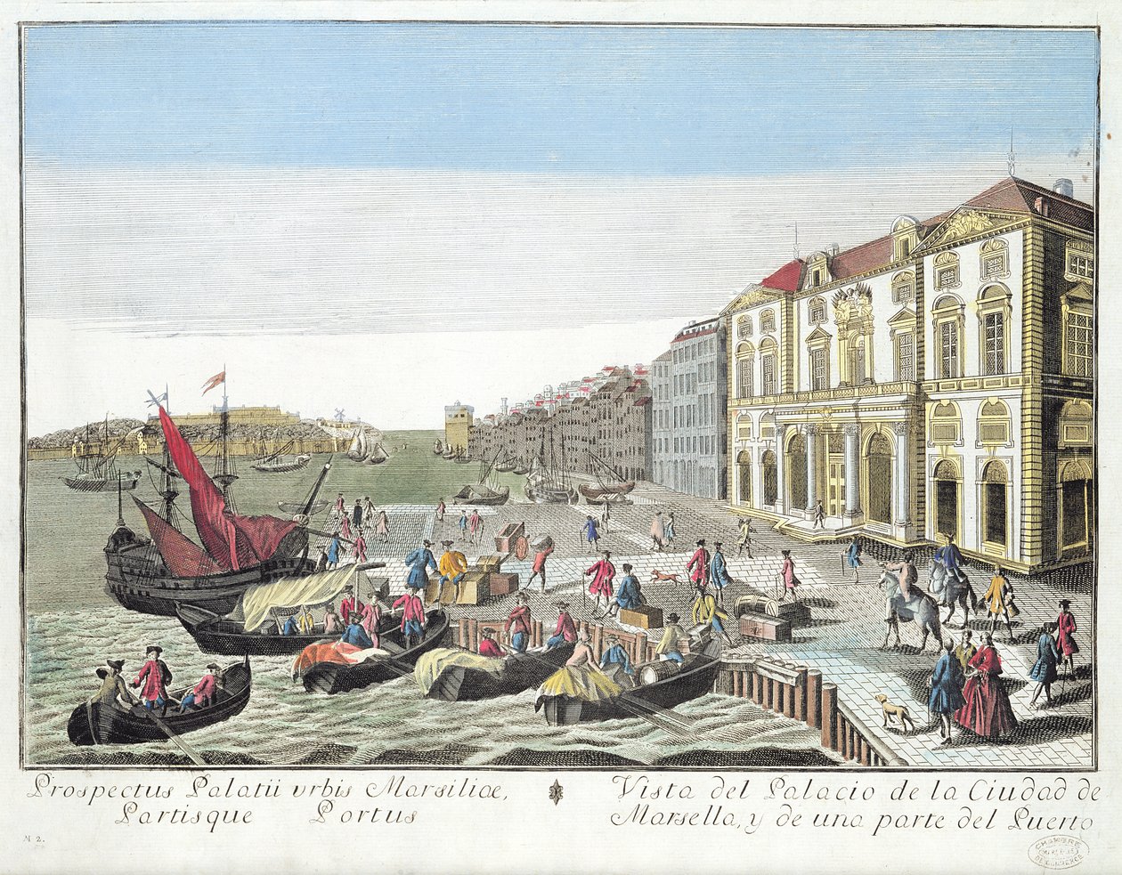 Vista em perspectiva da Câmara Municipal e parte do porto de Marselha, c.1770 de French School