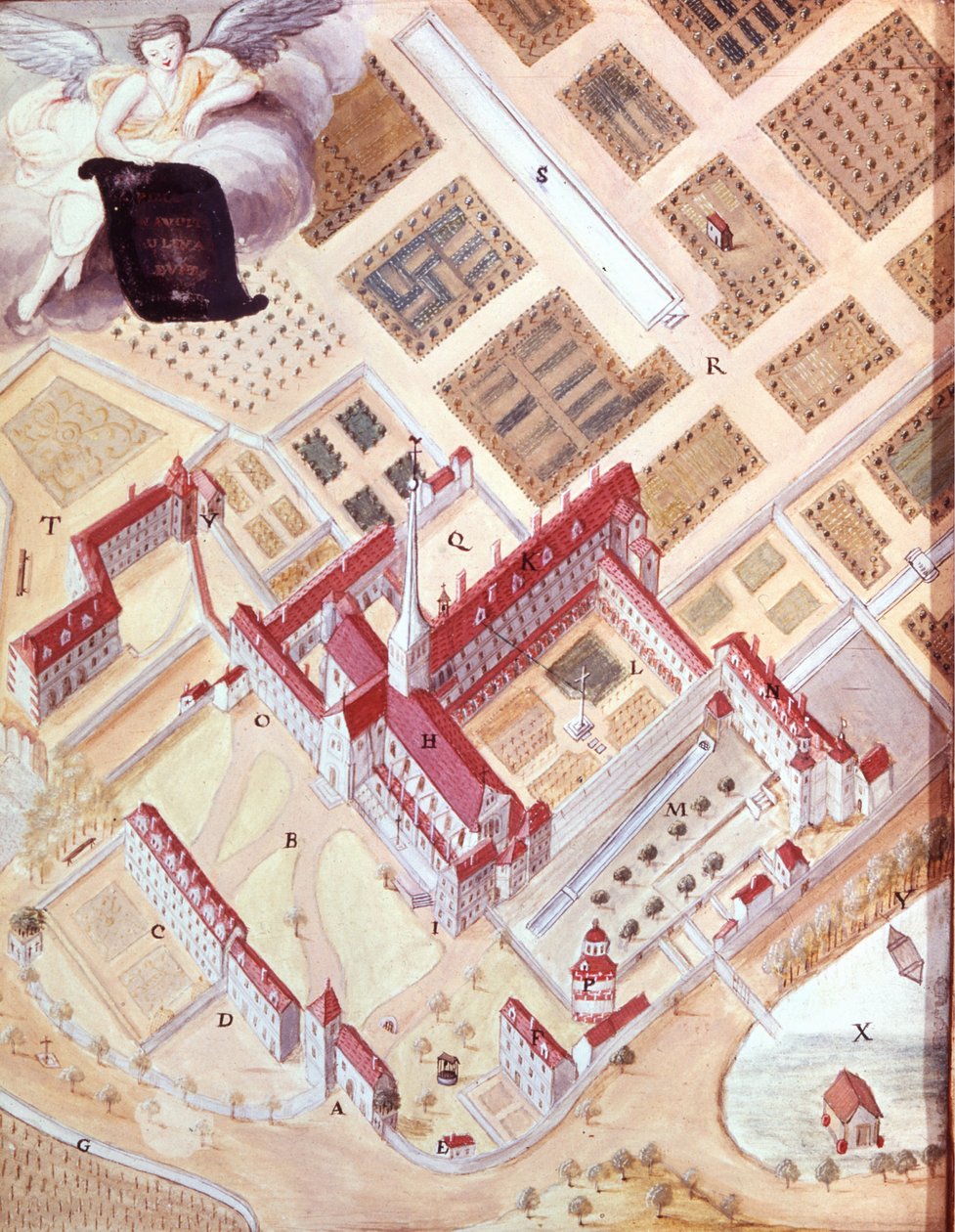 Perspectiva da abadia de Port Royal des Champs (Port-Royal-des-Champs) à medida que o corvo voa. Desenho de guaches do século XVIII. Museu de Versalhes de French School