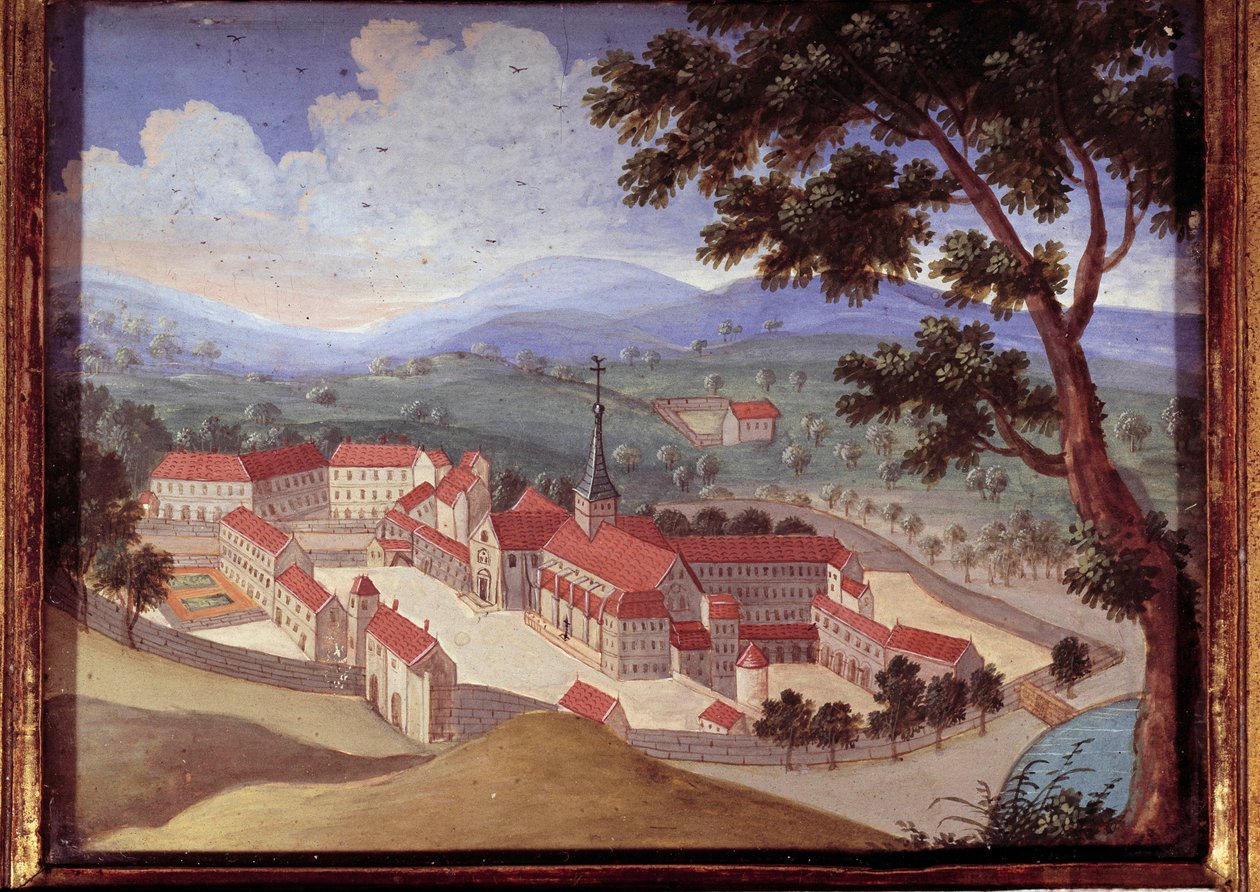 Vista de perspectiva da abadia de Port Royal des Champs. Vista do convento de Port-Royal-des-Champs). Pintura anónima do século XVIII. Port Royal, Musee Des Granges. de French School