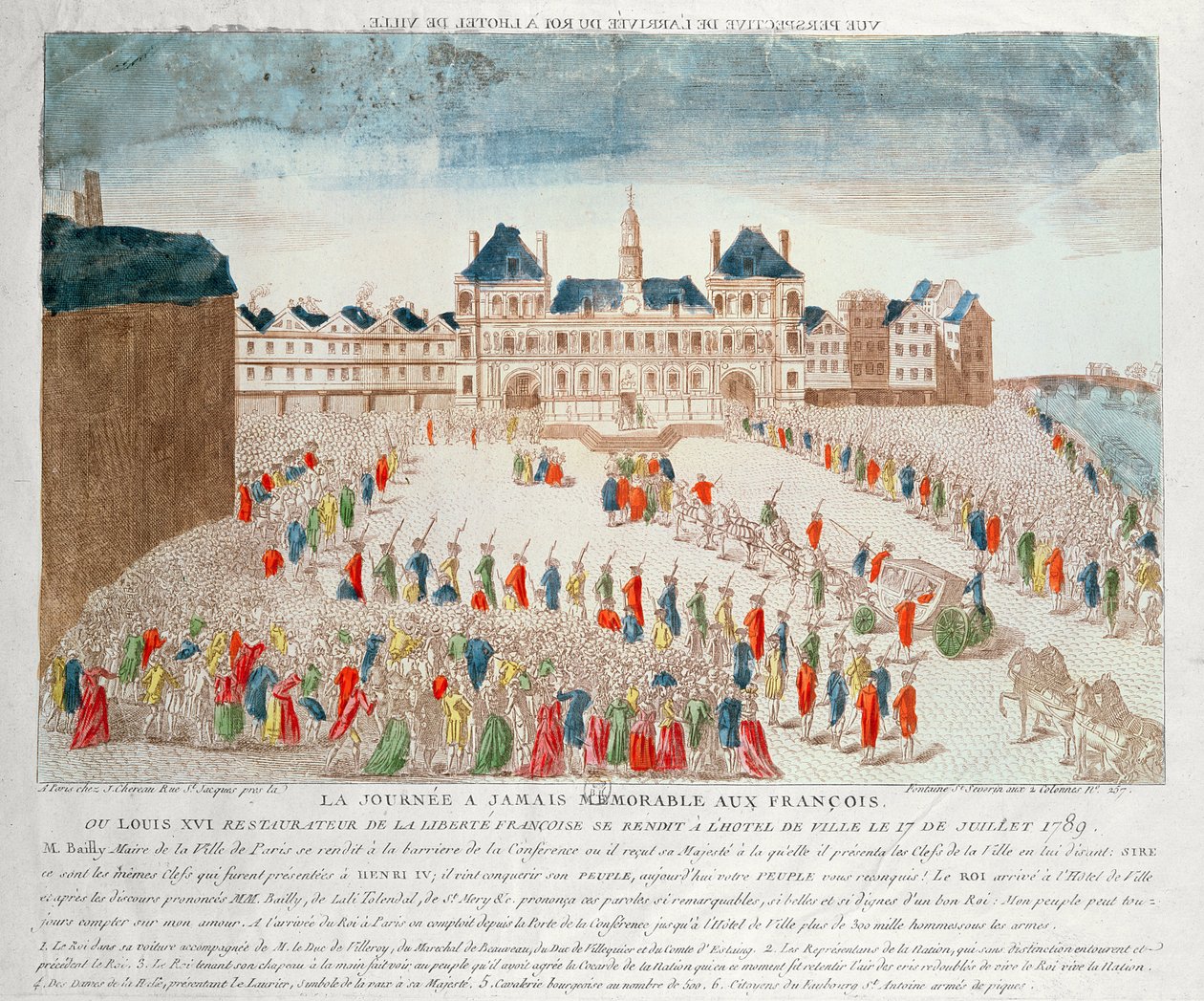 Perspectiva da chegada de Luís XVI (1754-93) ao Hotel de Ville, em 17 de julho de 1789 de French School