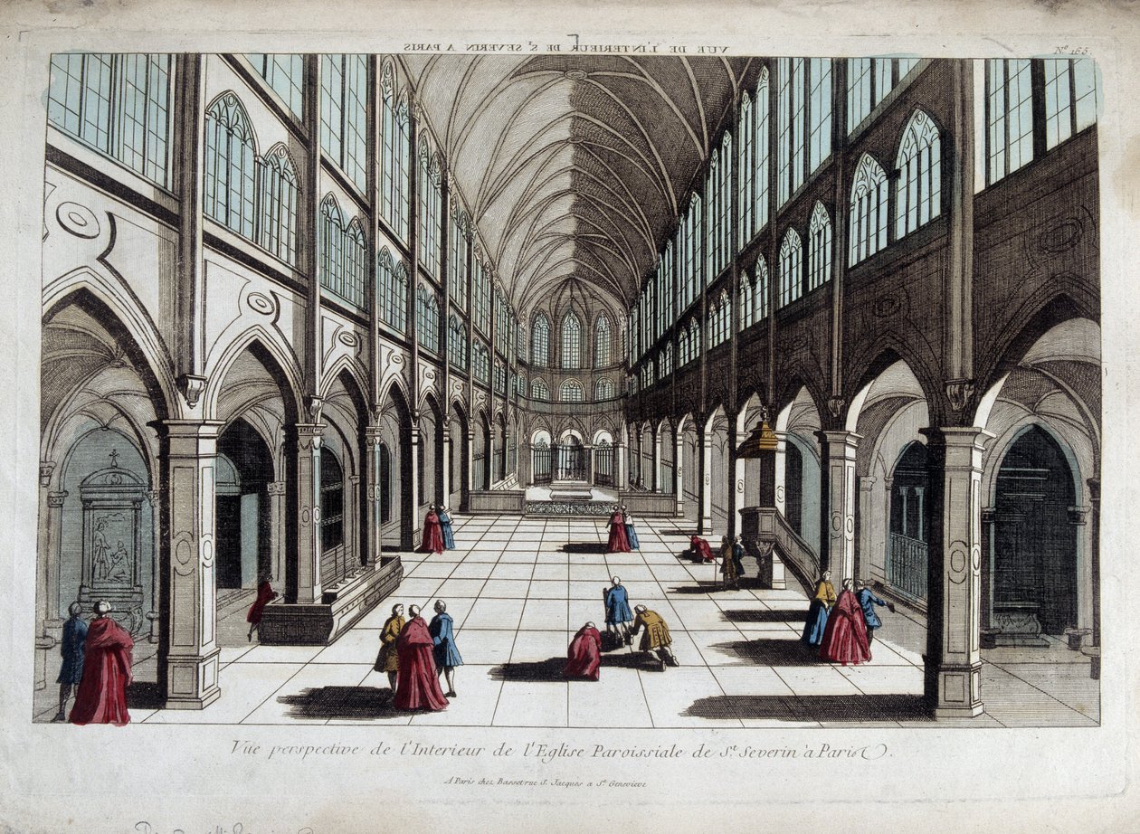 Perspectiva do interior da igreja de Saint Severin em Paris - vista óptica de French School
