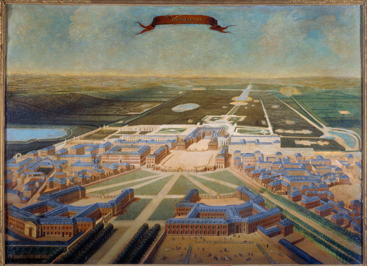 Perspectiva dos estábulos do castelo e dos jardins de Versalhes, no final do regimento de Luís XIV, por volta de 1710-1715. Pintura da escola francesa de French School