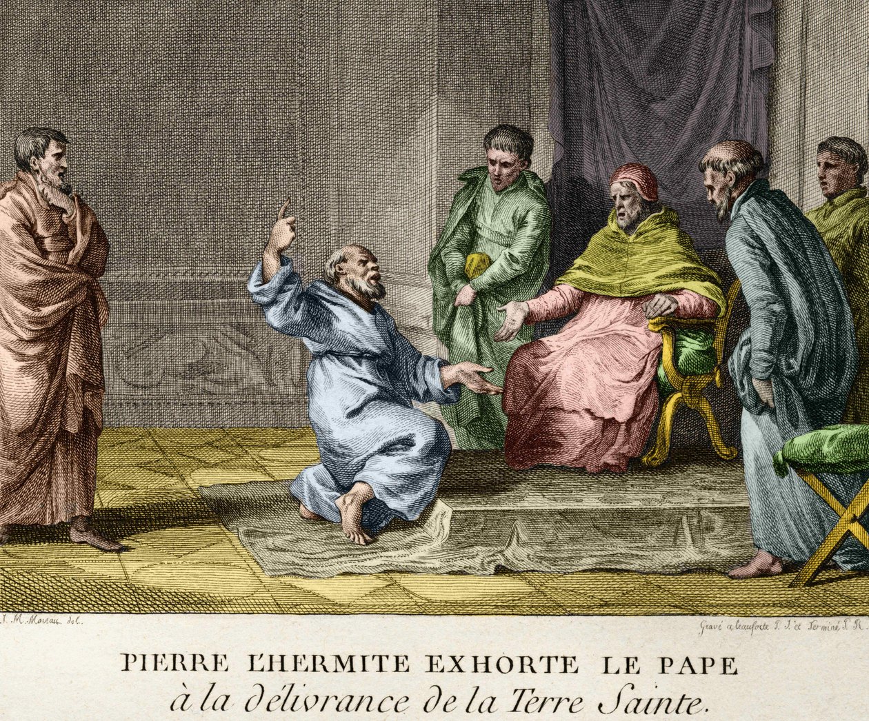 Pedro, o Eremita, exorta o Papa Urbano II à libertação da Terra Santa em 1093 (Pedro, o Eremita, pregando a primeira Cruzada) - Gravura das Figuras da História da França, sd. final do século XVIII de French School